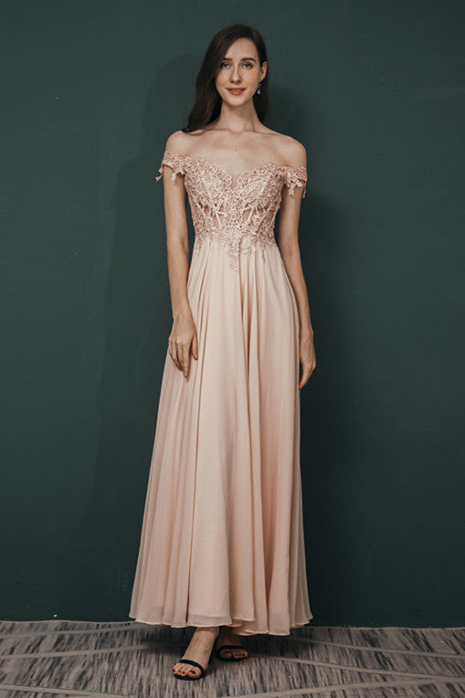 Mint Green Chiffon See-through Off-the-shoulder Lace Evening Dress-Ballbella