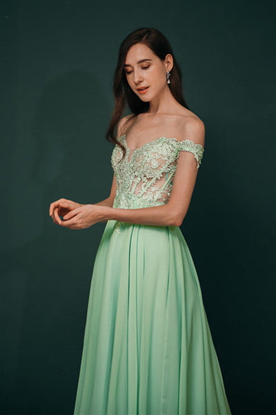 Mint Green Chiffon See-through Off-the-shoulder Lace Evening Dress