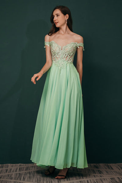 Mint Green Chiffon See-Through Off-The-Shoulder Lace Evening Dress, Green / US2
