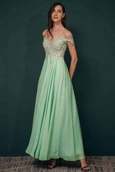 Mint Green Chiffon See-through Off-the-shoulder Lace Evening Dress, Green / US2 Mint Green Chiffon See-through Off-the-shoulder Lace Evening Dress, Green / US2