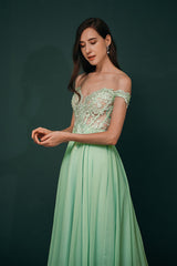 Mint Green Chiffon See-through Off-the-shoulder Lace Evening Dress-Ballbella