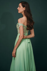 Mint Green Chiffon See-through Off-the-shoulder Lace Evening Dress-Ballbella