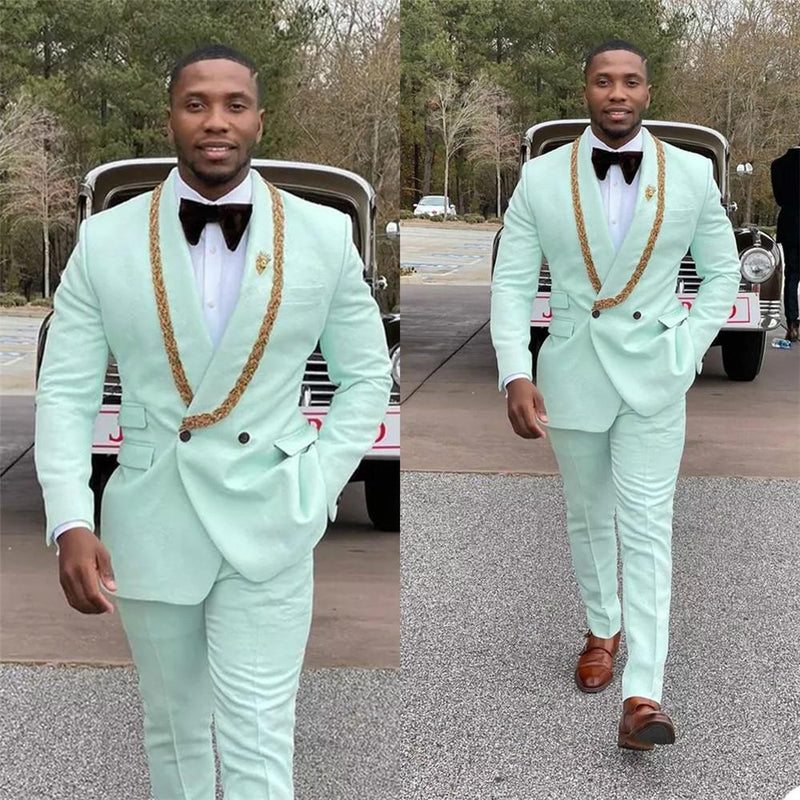 Discover Mint Green Fashion Shawl Lapel Double Breasted Wedding Suits with Appliques with ballbella. Shop for a range of Mint Shawl Lapel Men Suits for every occasion with rush order service in cheap price.
