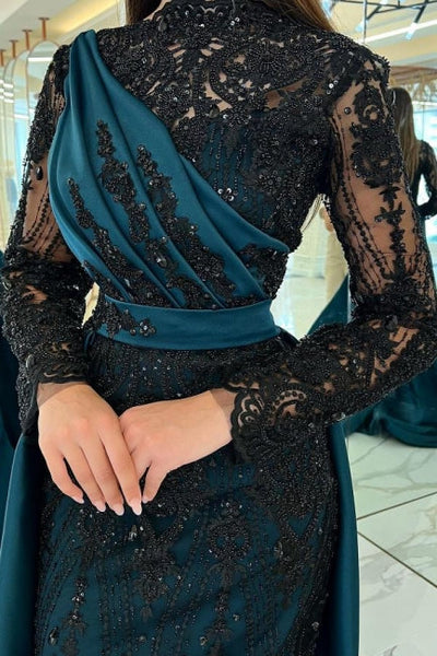Moden Black Long Sleeves Evening Dress Lace High-Neck Moden Black Long Sleeves Evening Dress Lace High-Neck