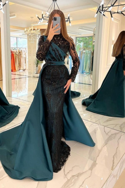 Moden Black Long Sleeves Evening Dress Lace High-Neck-Ballbella