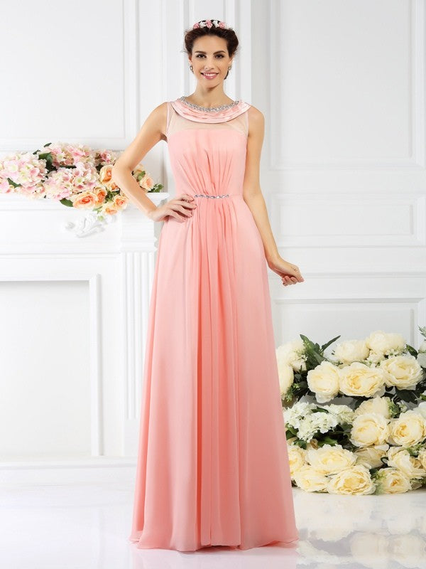 Modern Bateau Beading Sleeveless Long Chiffon Bridesmaid Dresses-Ballbella