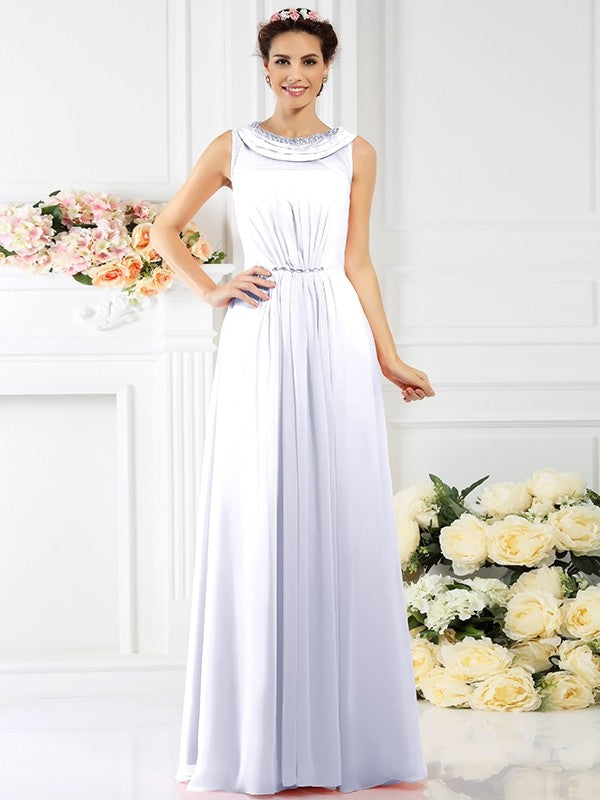 A-Line Charming Bateau Beading Sleeveless Long Chiffon Bridesmaid Dresses