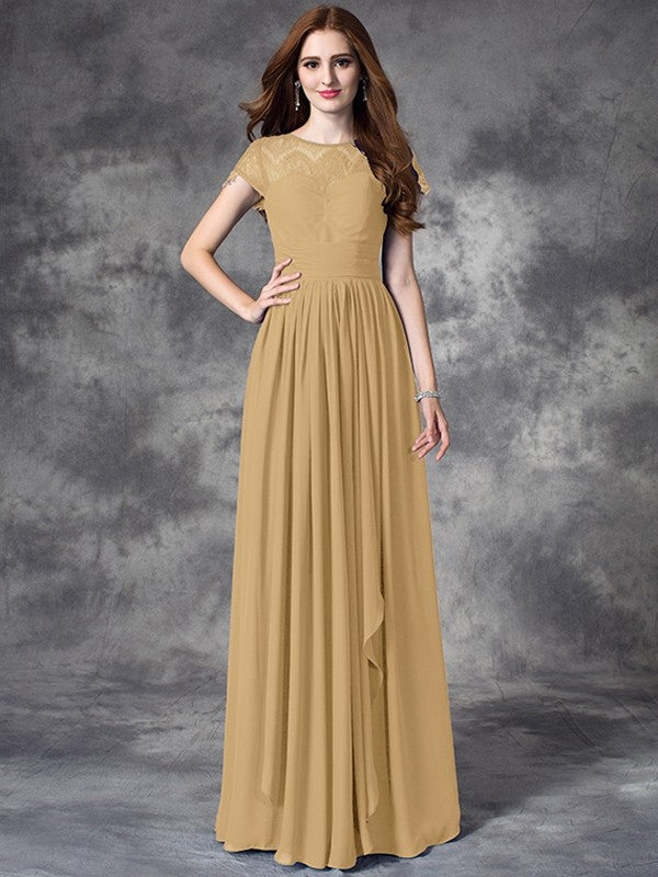 Modern Bateau Lace Sleeveless Long Chiffon Bridesmaid Dresses-Ballbella