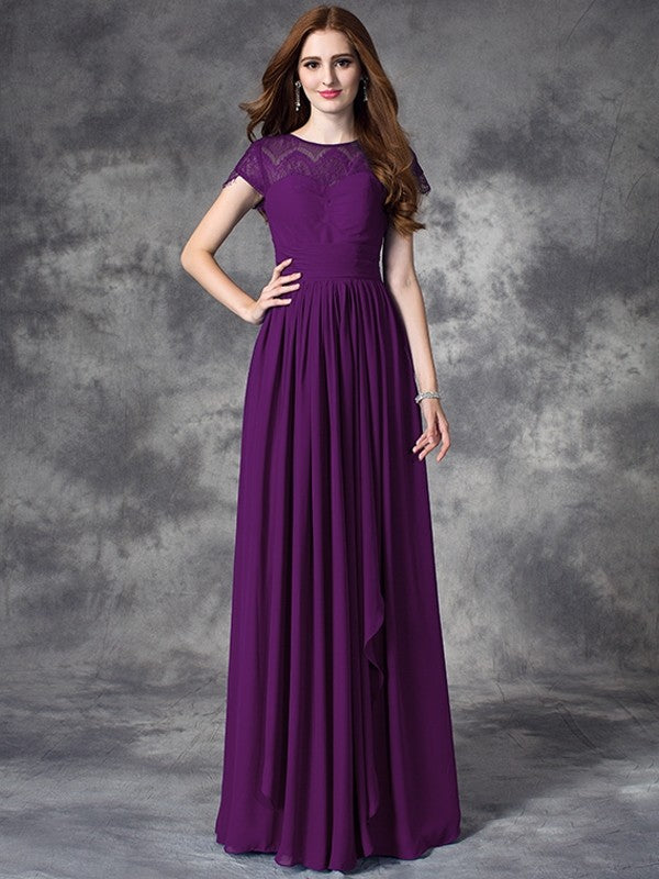 Modern Bateau Lace Sleeveless Long Chiffon Bridesmaid Dresses – Ballbella