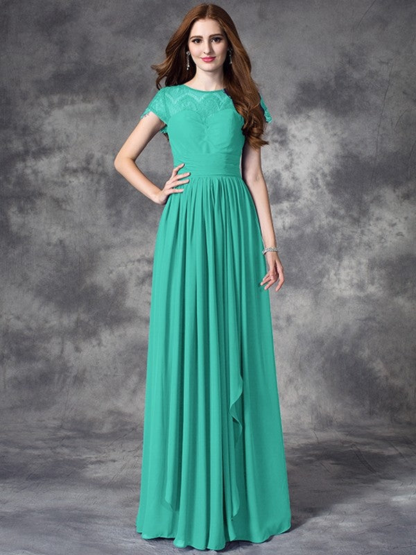 Modern Bateau Lace Sleeveless Long Chiffon Bridesmaid Dresses-Ballbella