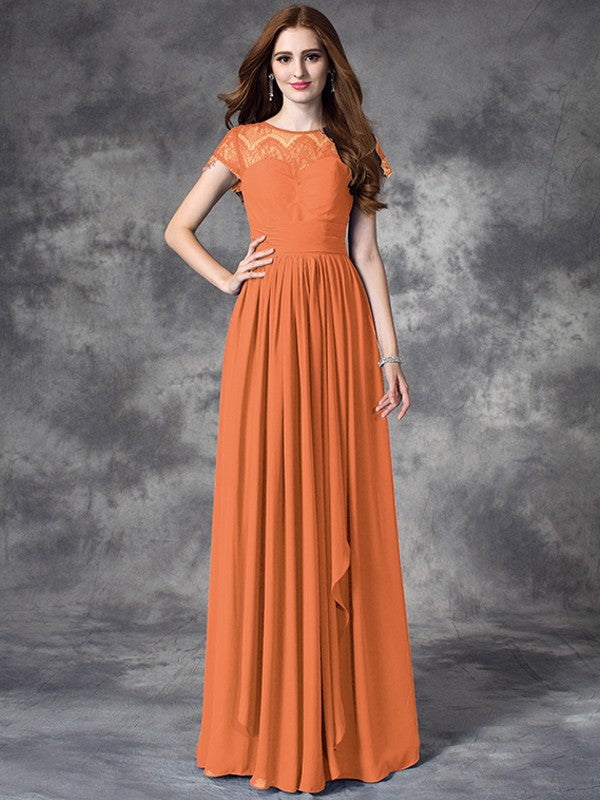 Modern Bateau Lace Sleeveless Long Chiffon Bridesmaid Dresses-Ballbella