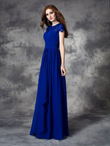Modern Bateau Lace Sleeveless Long Chiffon Bridesmaid Dresses-Ballbella