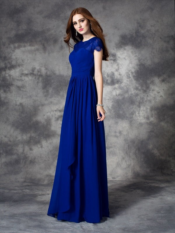 Modern Bateau Lace Sleeveless Long Chiffon Bridesmaid Dresses-Ballbella