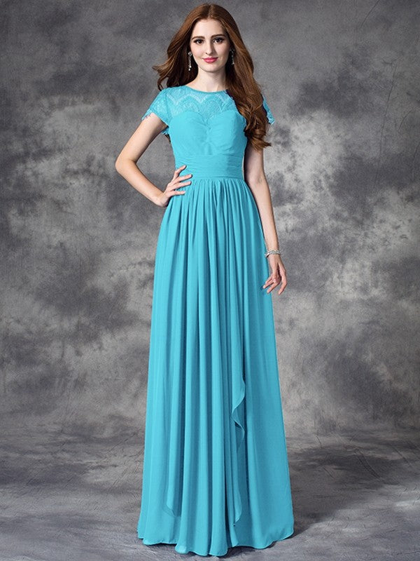 Modern Bateau Lace Sleeveless Long Chiffon Bridesmaid Dresses-Ballbella