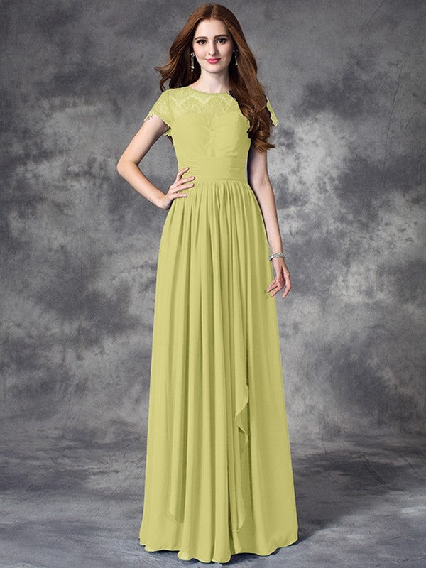 Modern Bateau Lace Sleeveless Long Chiffon Bridesmaid Dresses-Ballbella