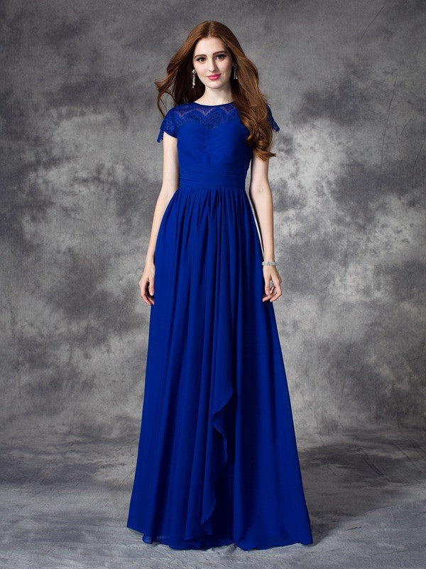 Modern Bateau Lace Sleeveless Long Chiffon Bridesmaid Dresses-Ballbella