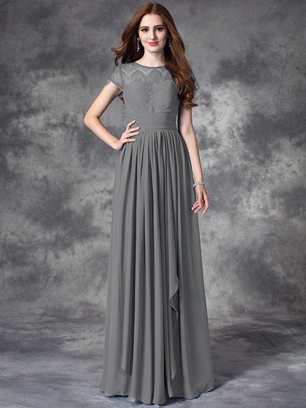 A-Line Charming Bateau Lace Sleeveless Long Chiffon Bridesmaid Dresses