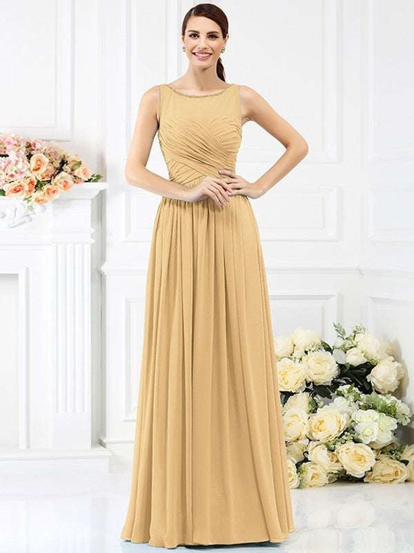 Modern Bateau Pleats Sleeveless Long Chiffon Bridesmaid Dresses-Ballbella
