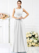 A-Line Charming Bateau Pleats Sleeveless Long Chiffon Bridesmaid Dresses