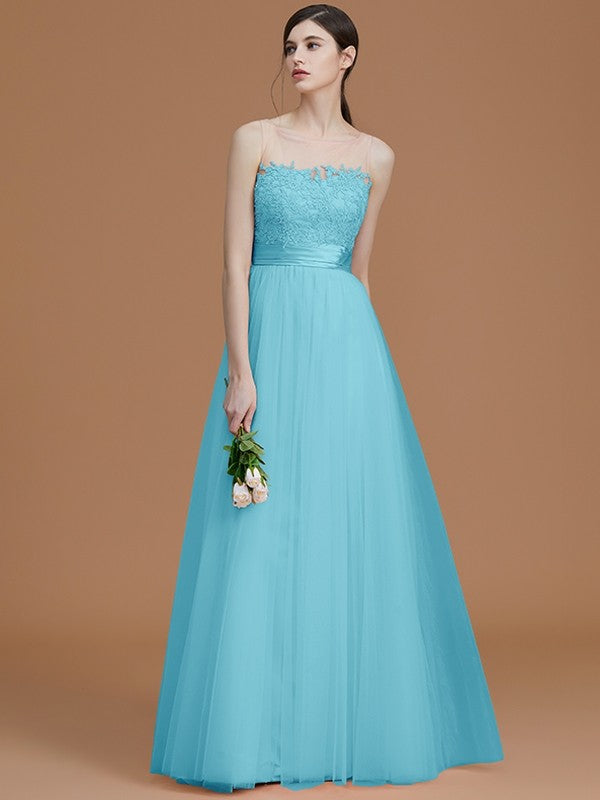 Modern Bateau Sleeveless Applique Tulle Bridesmaid Dresses-Ballbella