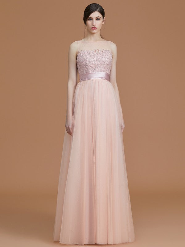 Modern Bateau Sleeveless Applique Tulle Bridesmaid Dresses-Ballbella