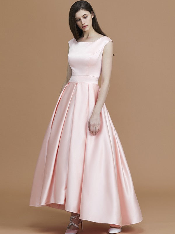 Modern Bateau Sleeveless Asymmetrical Ruffles Satin Bridesmaid Dresses-Ballbella