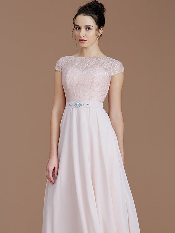 Modern Bateau Sleeveless Lace Chiffon Bridesmaid Dresses-Ballbella