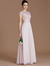 A-Line Charming Bateau Sleeveless Lace Chiffon Bridesmaid Dresses