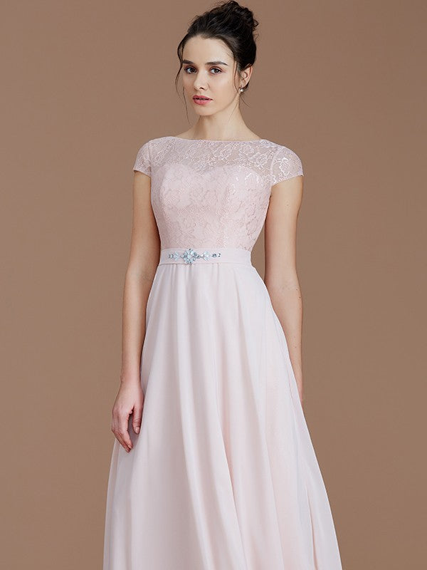 A-Line Charming Bateau Sleeveless Lace Chiffon Bridesmaid Dresses