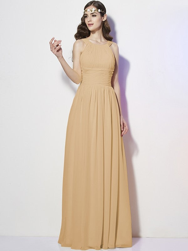 Modern Bateau Sleeveless Pleats Long Chiffon Bridesmaid Dresses-Ballbella