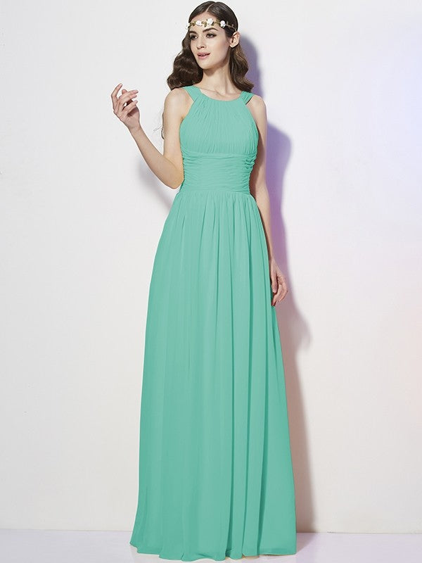 Modern Bateau Sleeveless Pleats Long Chiffon Bridesmaid Dresses-Ballbella