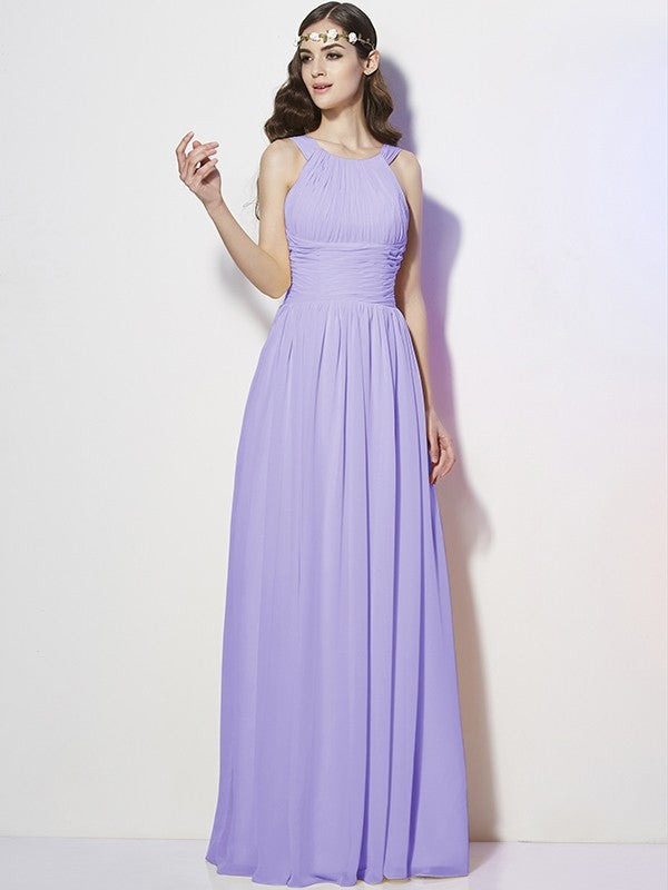 Modern Bateau Sleeveless Pleats Long Chiffon Bridesmaid Dresses-Ballbella