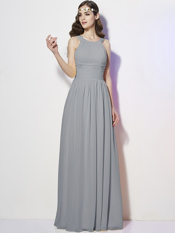 Modern Bateau Sleeveless Pleats Long Chiffon Bridesmaid Dresses-Ballbella
