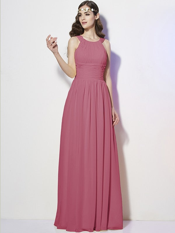 Modern Bateau Sleeveless Pleats Long Chiffon Bridesmaid Dresses-Ballbella