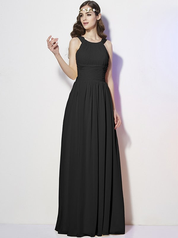 Modern Bateau Sleeveless Pleats Long Chiffon Bridesmaid Dresses-Ballbella
