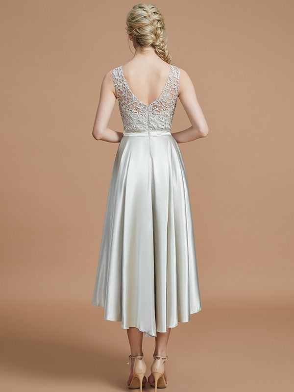 Modern Bateau Sleeveless Ruffles Asymmetrical Bridesmaid Dresses-Ballbella