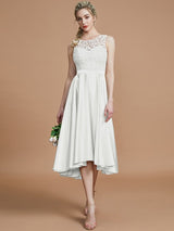 A-Line Charming Bateau Sleeveless Ruffles Asymmetrical Silk like Satin Bridesmaid Dresses