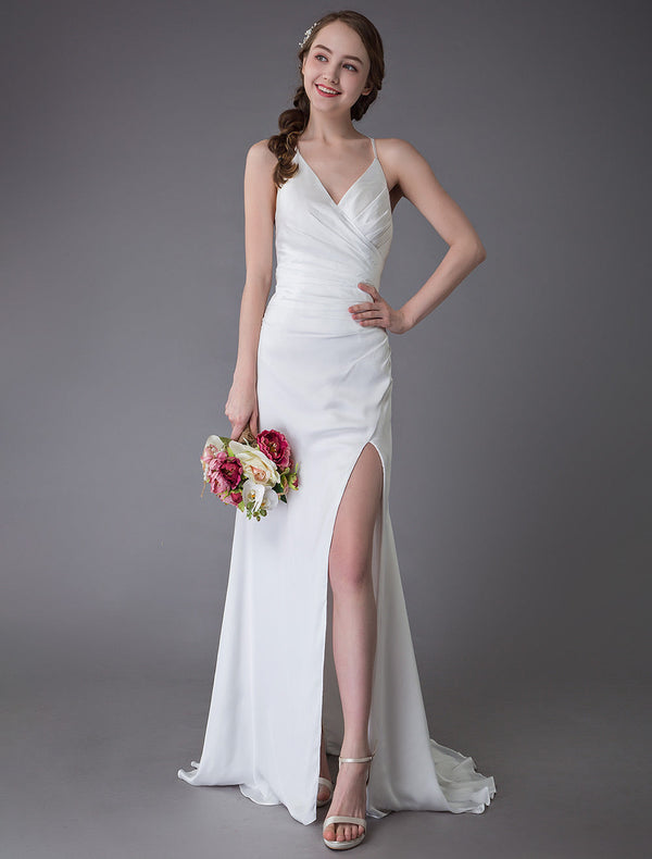 Modern Beach Wedding Dresses Sexy Bridal Dress High Split Ivory Sheath Straps Summer Wedding Gowns-Ballbella
