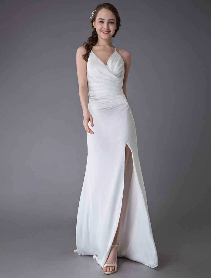 Modern Beach Wedding Dresses Sexy Bridal Dress High Split Ivory Sheath Straps Summer Wedding Gowns-Ballbella