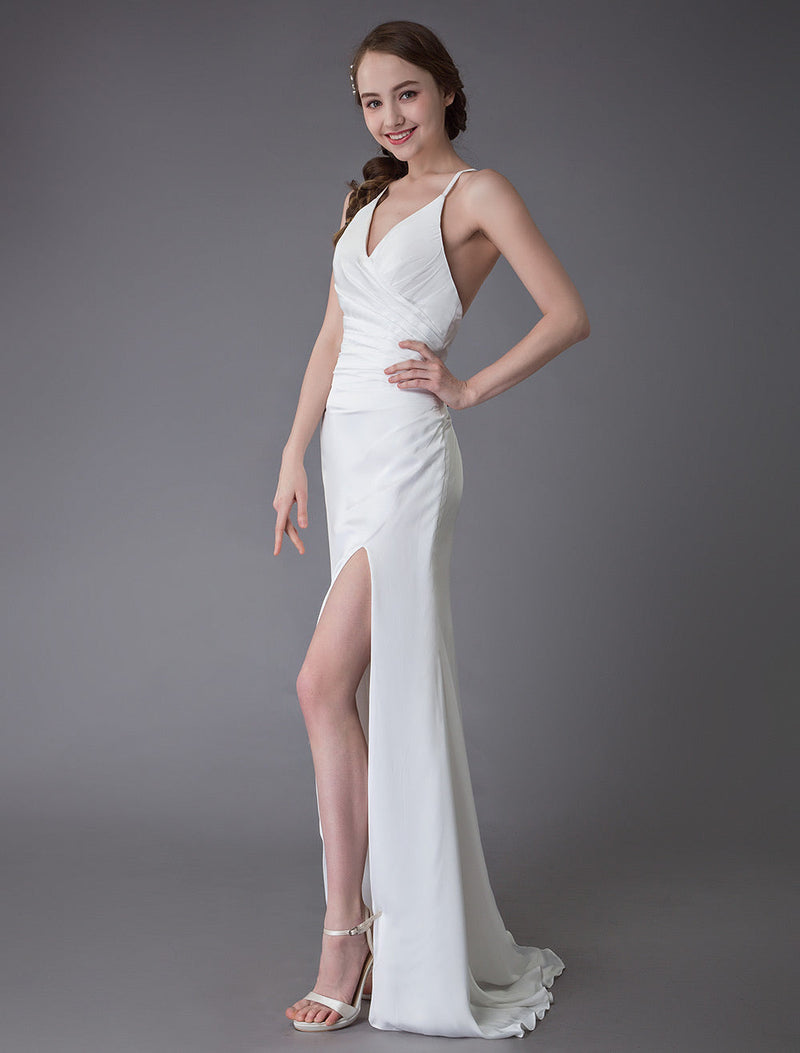 Modern Beach Wedding Dresses Sexy Bridal Dress High Split Ivory Sheath Straps Summer Wedding Gowns-Ballbella