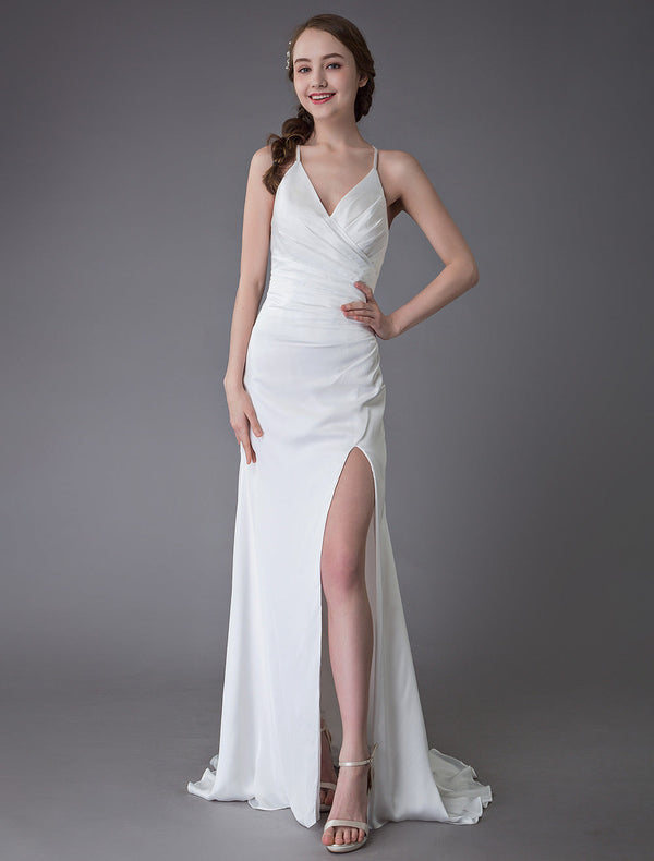 Modern Beach Wedding Dresses Sexy Bridal Dress High Split Ivory Sheath Straps Summer Wedding Gowns-Ballbella