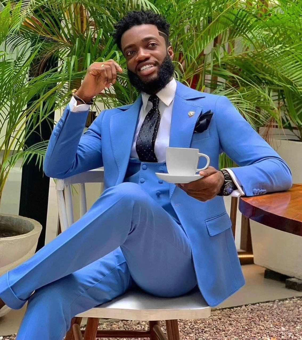 Modern Bright Blue Three Pieces Slim Fit Notched Lapel Designer