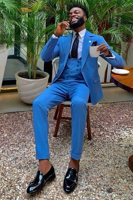 Modern Bright Blue Three Pieces Slim Fit Notched Lapel Designer Men Suits-Ballbella