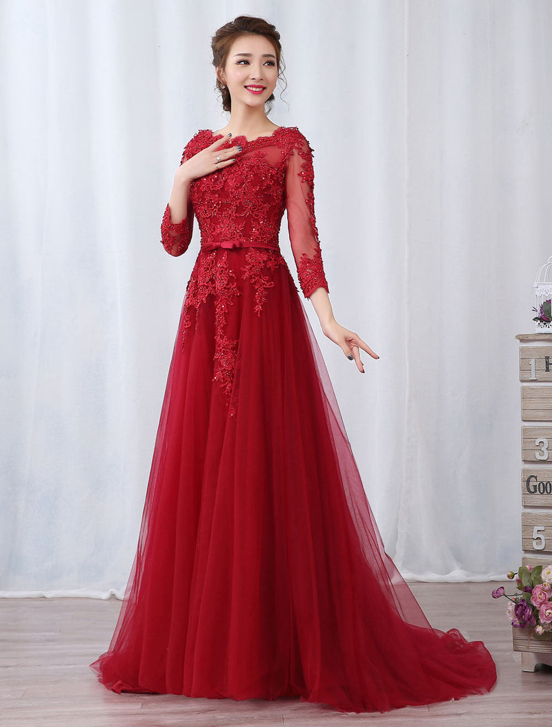 Modern Burgundy Evening Dresses Long Sleeve Lace Applique Beaded Formal Gown With Train Modern Burgundy Evening Dresses Long Sleeve Lace Applique Beaded Formal Gown With Train