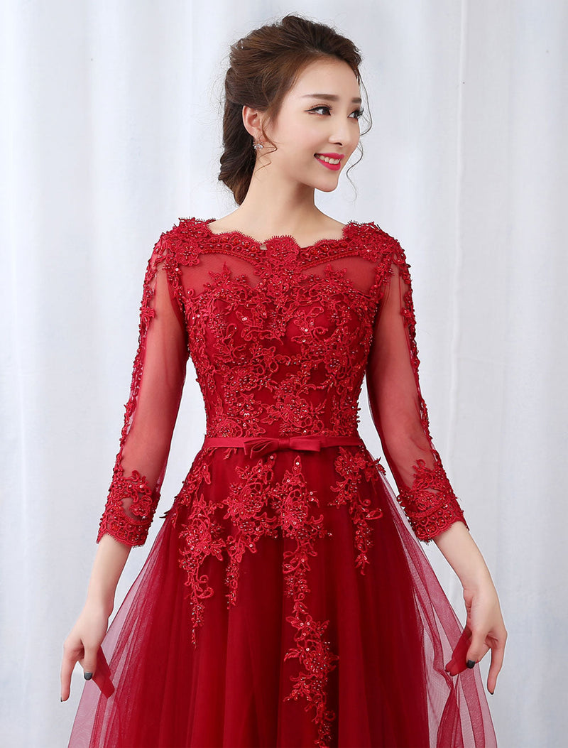 Modern Burgundy Evening Dresses Long Sleeve Lace Applique Beaded Formal Gown With Train-Ballbella