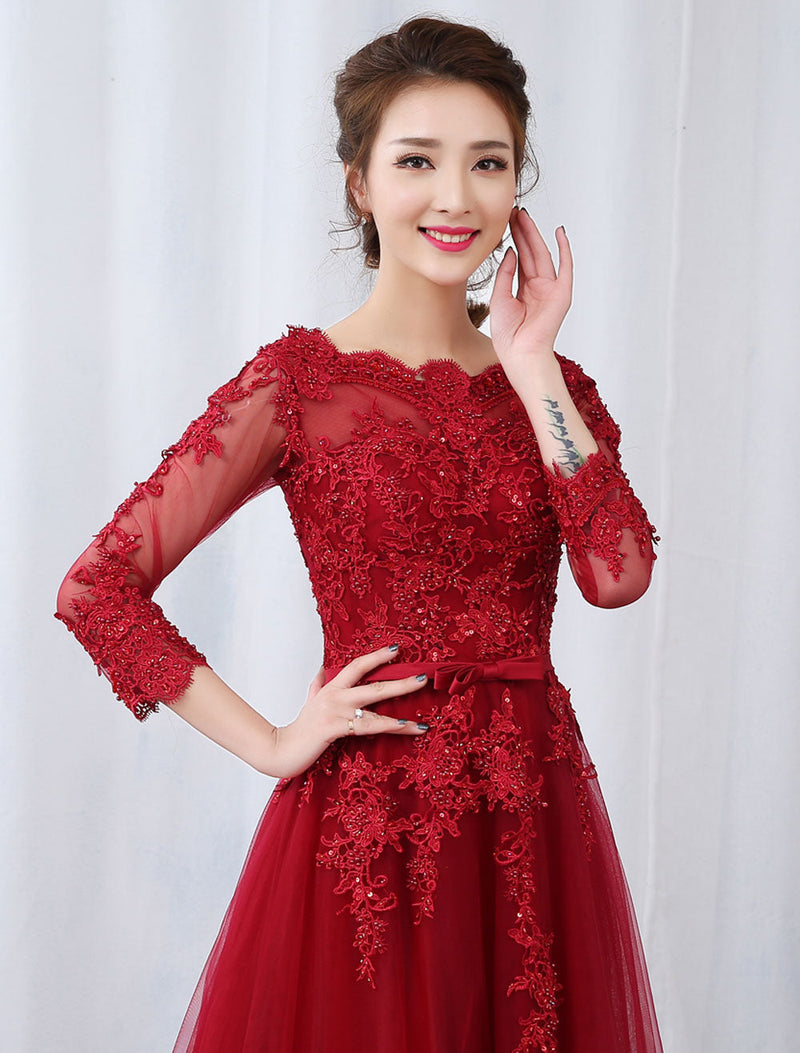 Burgundy Evening Dresses Long Sleeve Lace Applique Beaded Formal Gown With Train