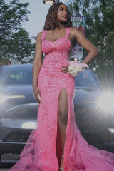 Modern Candy Pink Straps Tulle Appliques Side Slit Prom Dress-Ballbella