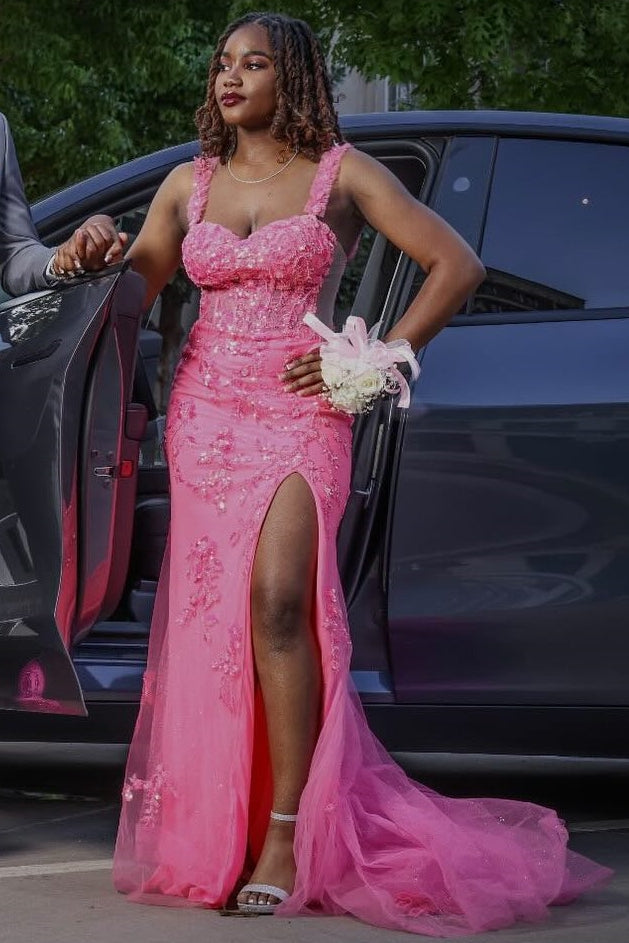 Modern Candy Pink Straps Tulle Appliques Side Slit Prom Dress-Ballbella