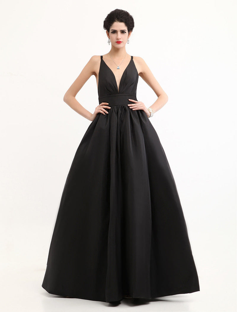 Modern Celebrity Dresses Black Oscar Evening Dress Straps Backless Deep V Taffeta Dress-Ballbella