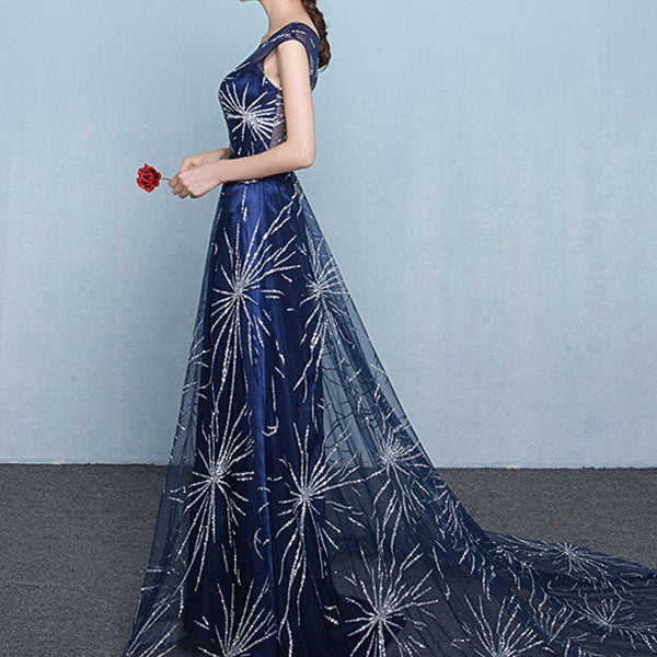 Modern Constellation Dress Dark Navy Evening Dress Sexy A Line Scoop Neck Sequin Star Tulle Formal Party Dresses With Train Modern Constellation Dress Dark Navy Evening Dress Sexy A Line Scoop Neck Sequin Star Tulle Formal Party Dresses With Train